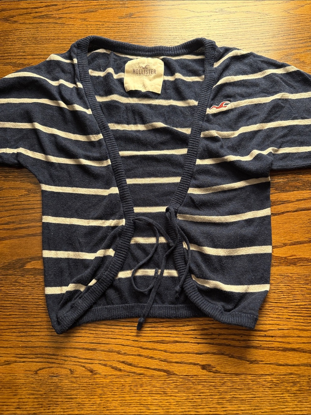 Striped Ruched Tie Front Cardigan Hollister XS Navy Cream Y2K Preppy